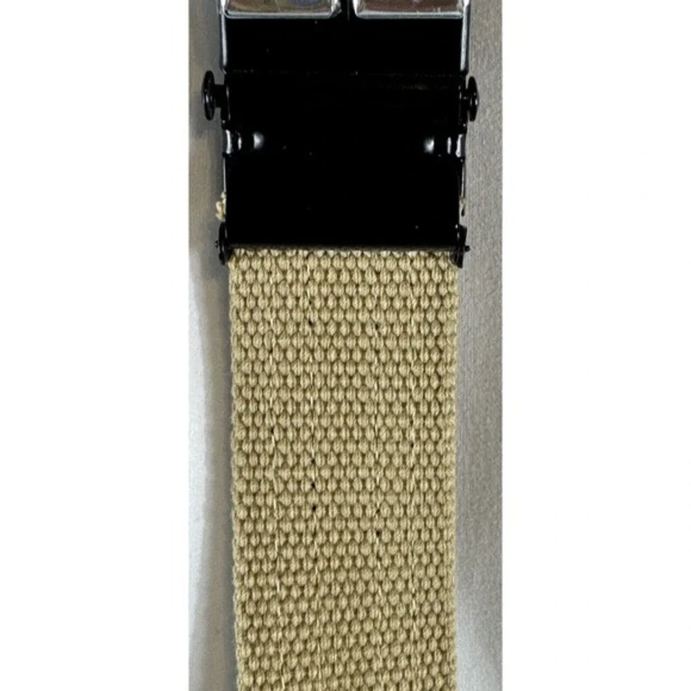 Tan Canvas Web Belt Black Patent Stripes Military Flip‎ Buckle Adjustable 70-19